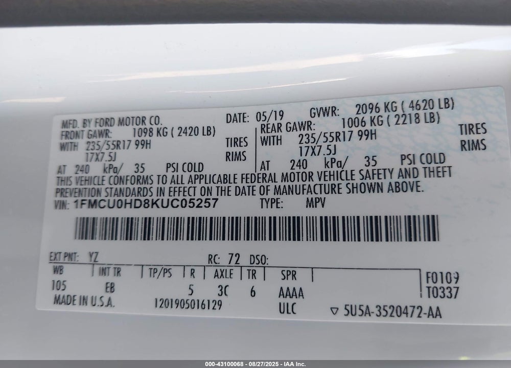 2019 FORD ESCAPE VIN: 1FMCU0HD8KUC05257