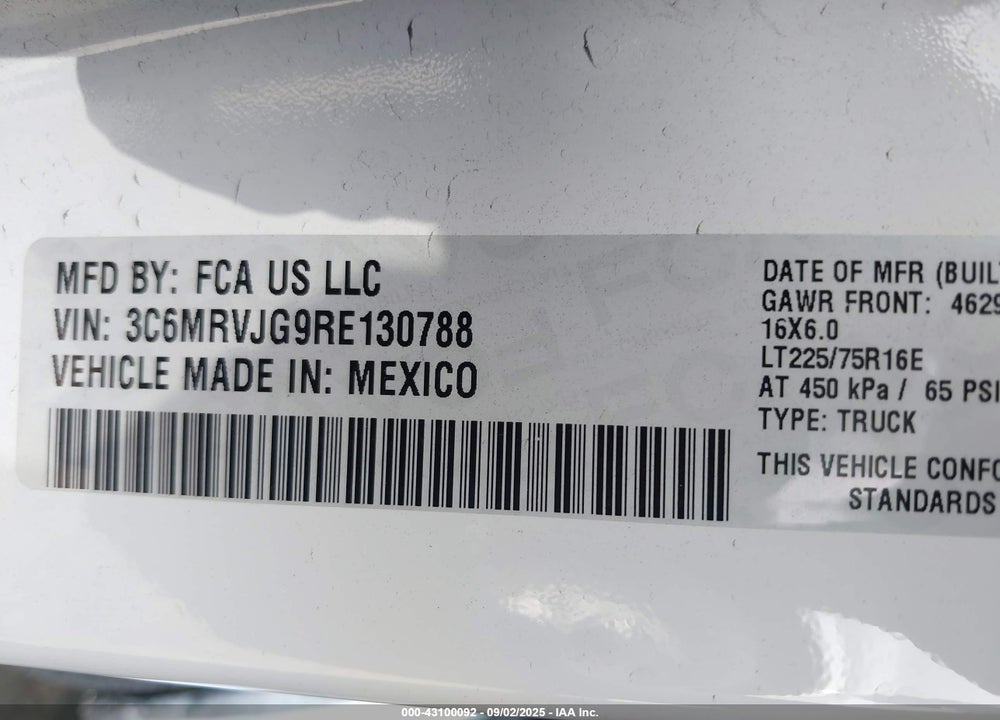 2024 RAM PROMASTER 3500 CARGO VAN TRADESMAN HIGH ROOF 159 WB EXT W/PASS SEAT VIN: 3C6MRVJG9RE130788