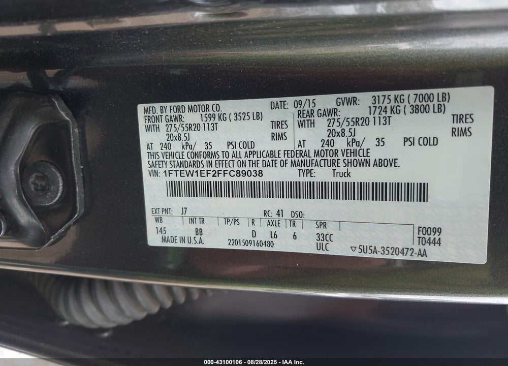 2015 FORD F-150 VIN: 1FTEW1EF2FFC89038