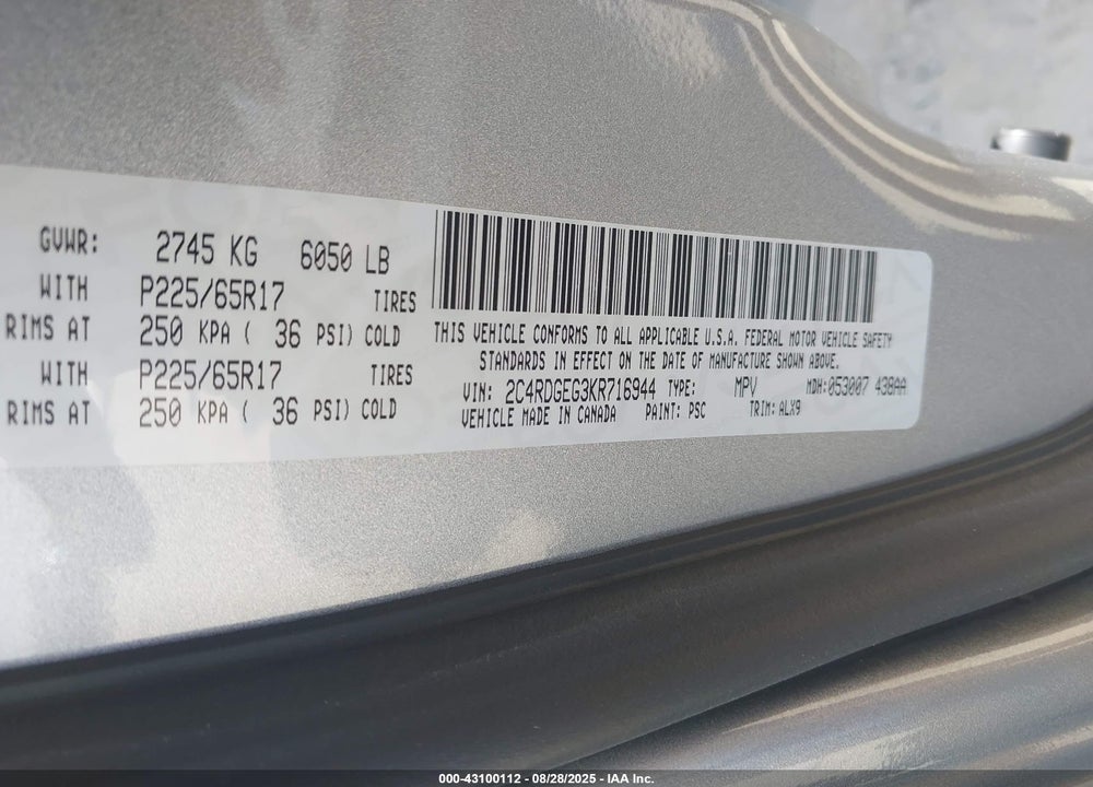 2019 DODGE GRAND CARAVAN VIN: 2C4RDGEG3KR716944