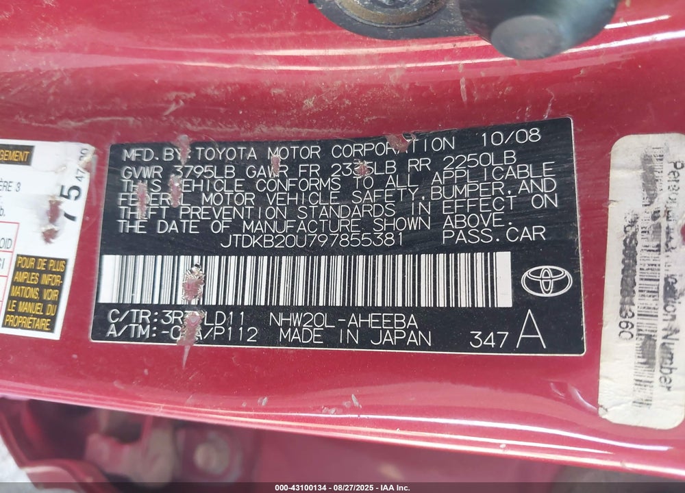 2009 TOYOTA PRIUS VIN: JTDKB20U797855381