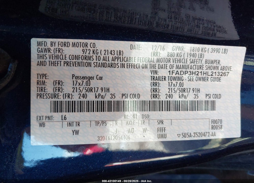2017 FORD FOCUS VIN: 1FADP3H21HL213267
