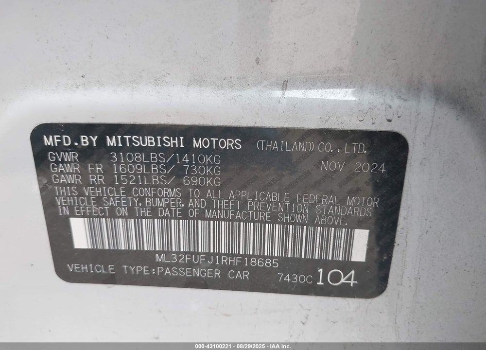 2024 MITSUBISHI MIRAGE G4 BLACK EDITION/ES/LE VIN: ML32FUFJ1RHF18685