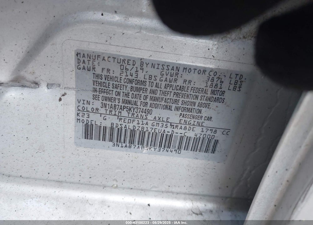 2019 NISSAN SENTRA VIN: 3N1AB7AP5KY374490