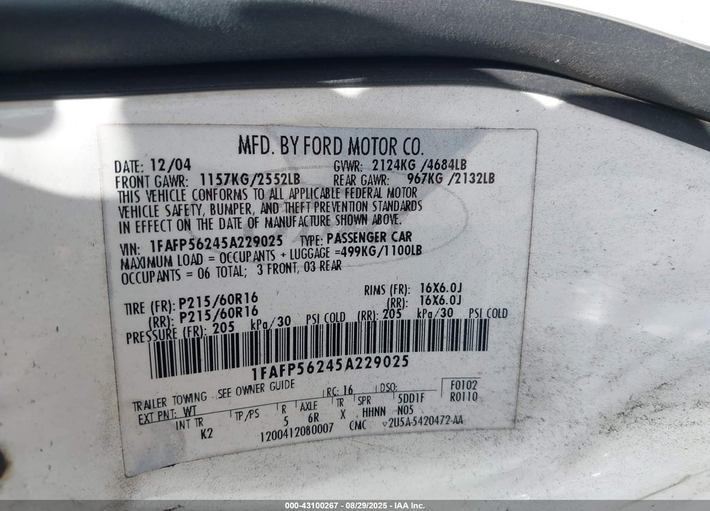 2005 FORD TAURUS SEL VIN: 1FAFP56245A229025