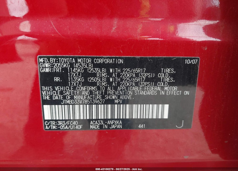 2008 TOYOTA RAV4 VIN: JTMBD33V785139627
