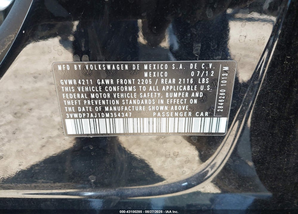 2013 VOLKSWAGEN JETTA VIN: 3VWDP7AJ1DM354347