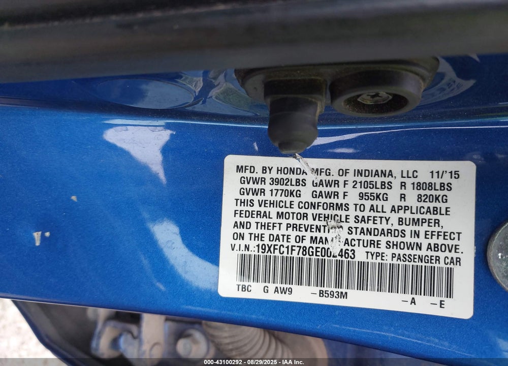 2016 HONDA CIVIC VIN: 19XFC1F78GE002463