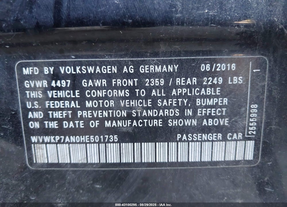 2017 VOLKSWAGEN CC VIN: WVWKP7AN0HE501735