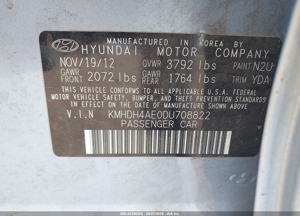 2013 HYUNDAI ELANTRA VIN: KMHDH4AE0DU708822