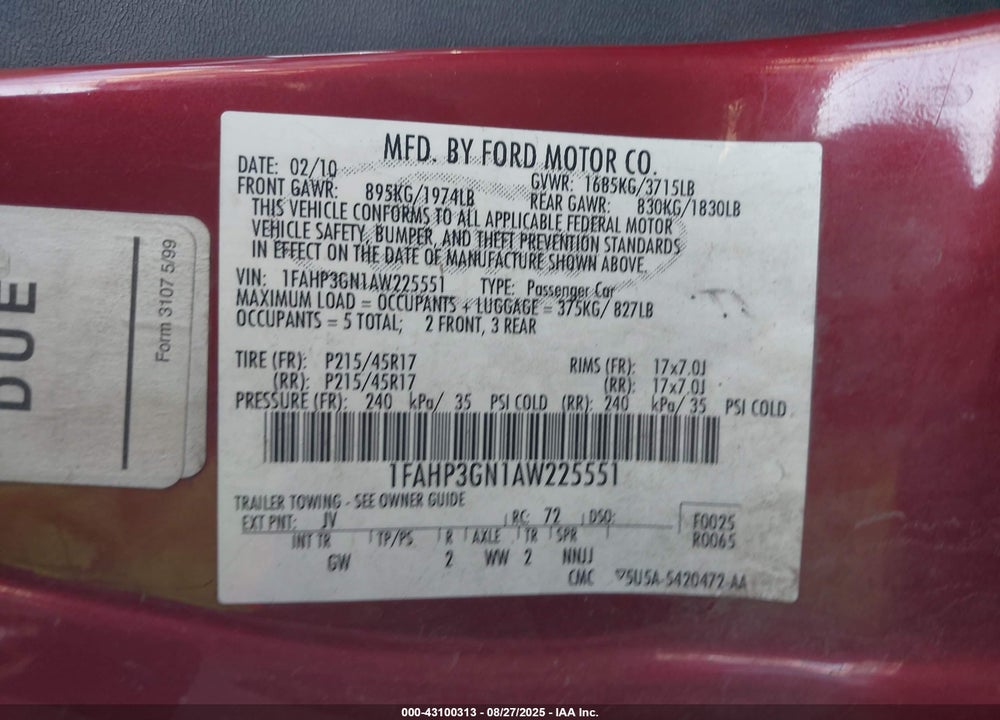 2010 FORD FOCUS VIN: 1FAHP3GN1AW225551