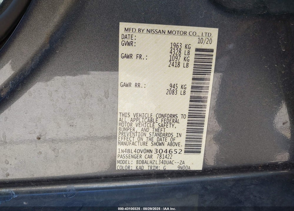 2021 NISSAN ALTIMA VIN: 1N4BL4DV0MN304652