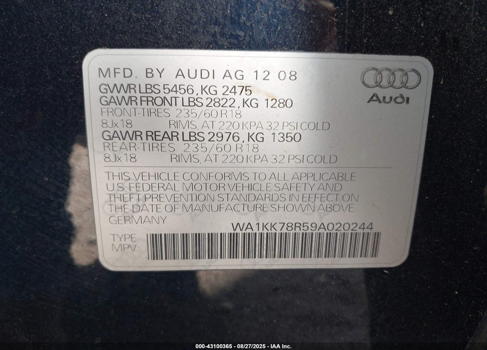 2009 AUDI Q5 VIN: WA1KK78R59A020244