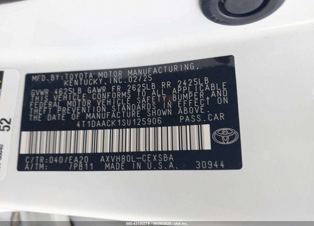 2025 TOYOTA CAMRY SE VIN: 4T1DAACK1SU125906