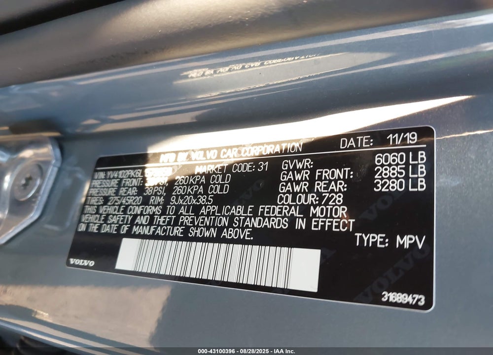 2020 VOLVO XC90 VIN: YV4102PK6L1579059