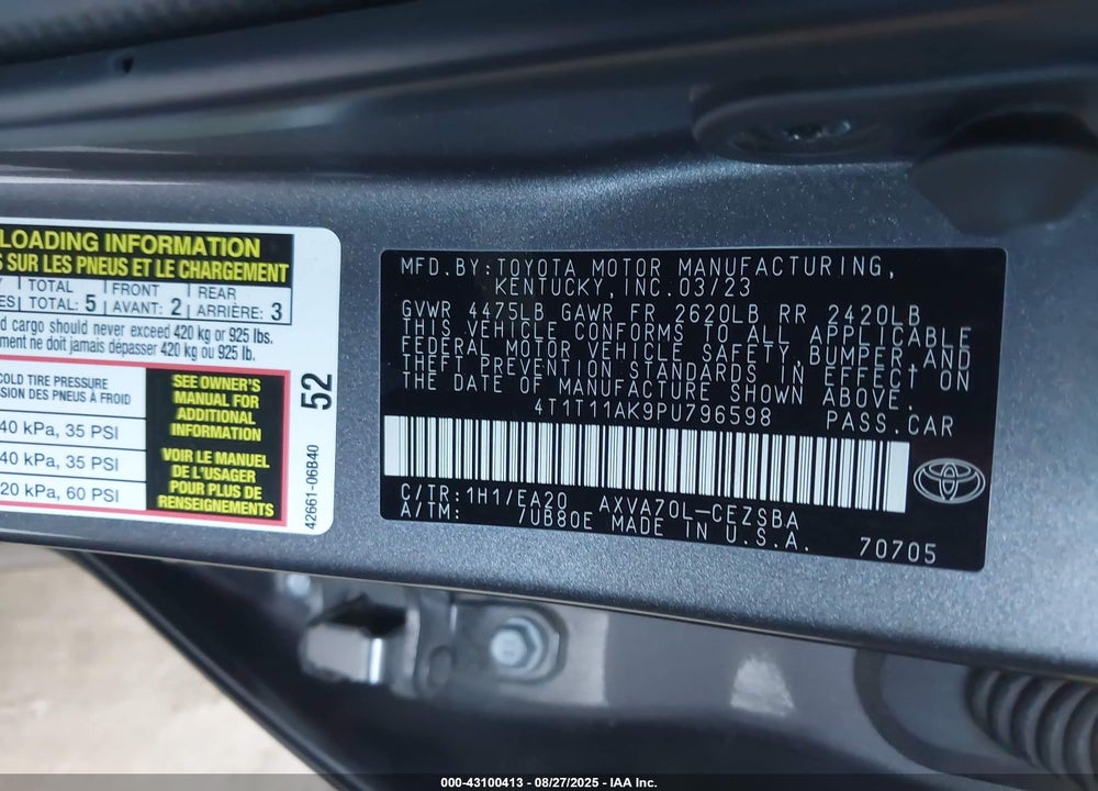 2023 TOYOTA CAMRY VIN: 4T1T11AK9PU796598