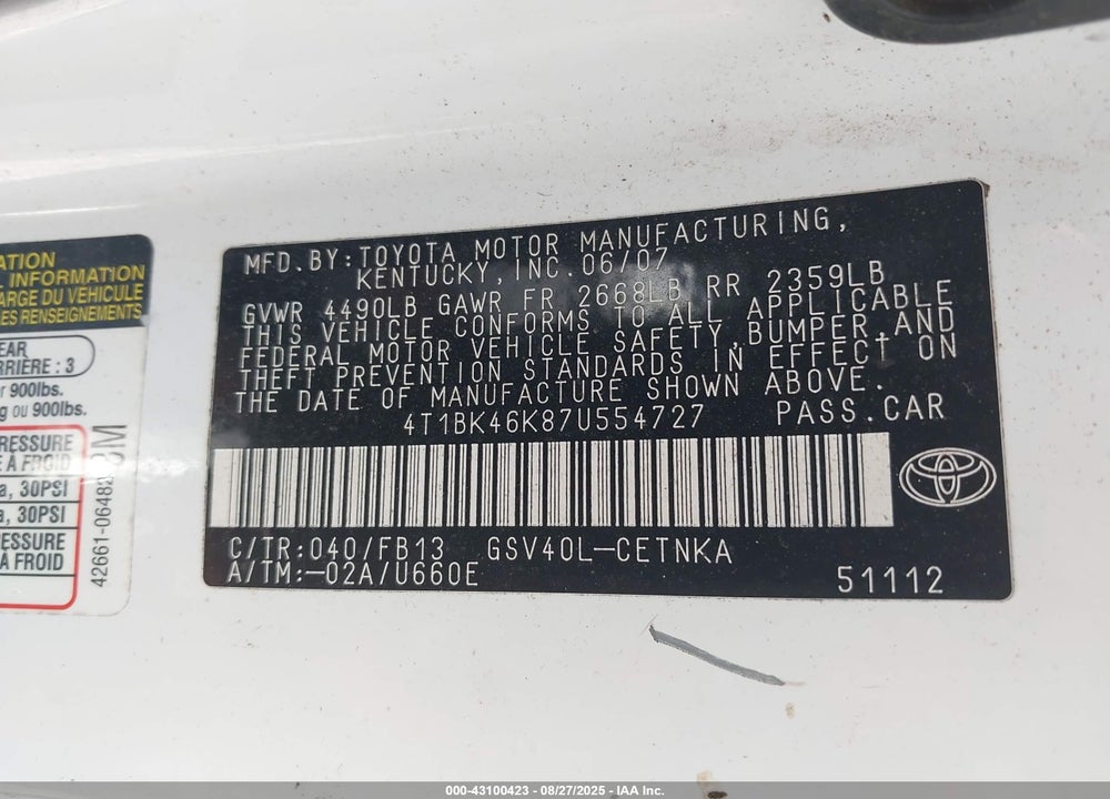 2007 TOYOTA CAMRY LE V6 VIN: 4T1BK46K87U554727