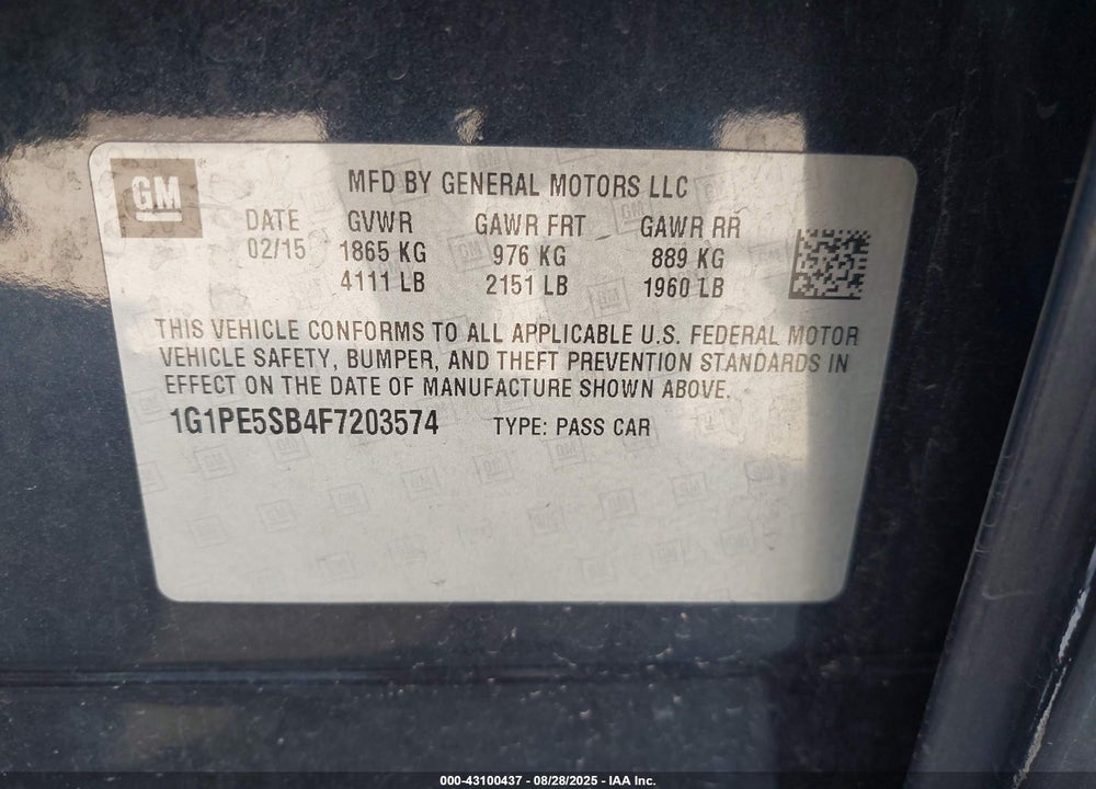 2015 CHEVROLET CRUZE VIN: 1G1PE5SB4F7203574