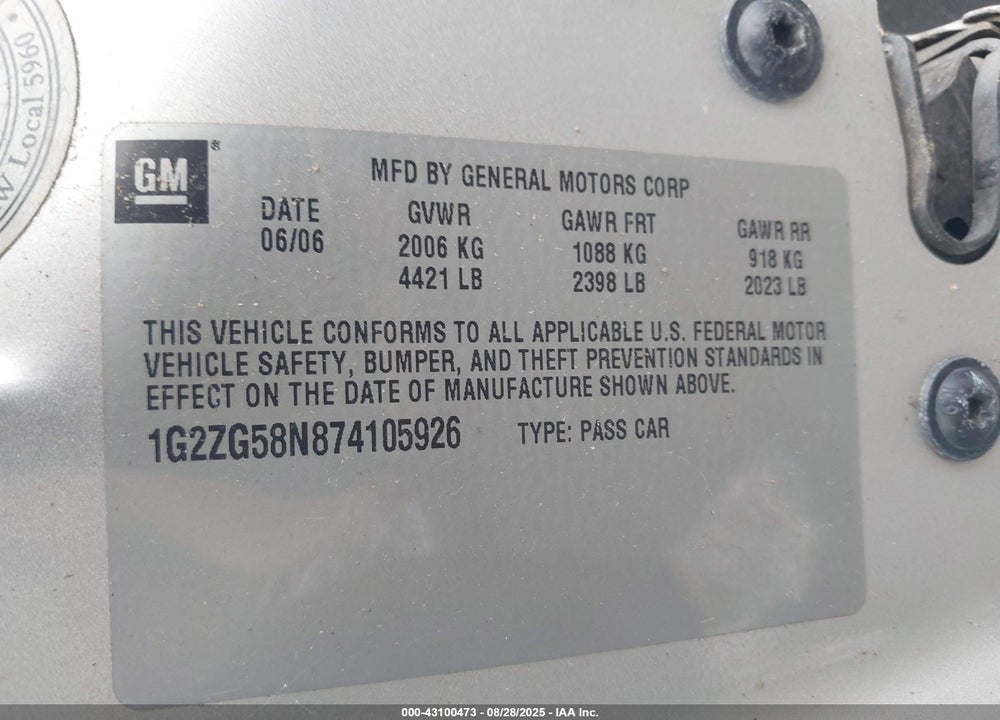 2007 PONTIAC G6 VIN: 1G2ZG58N874105926
