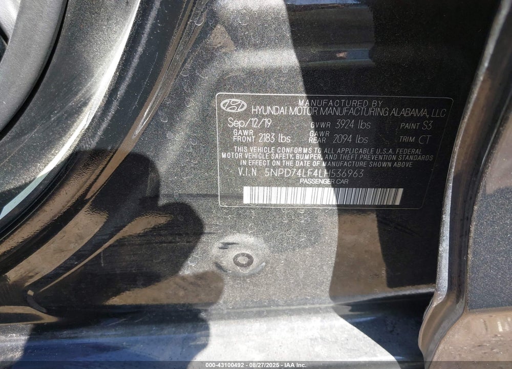 2020 HYUNDAI ELANTRA VIN: 5NPD74LF4LH536963