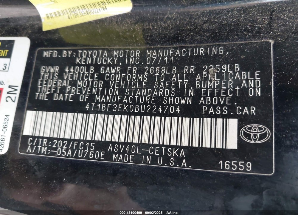 2011 TOYOTA CAMRY VIN: 4T1BF3EK0BU224704