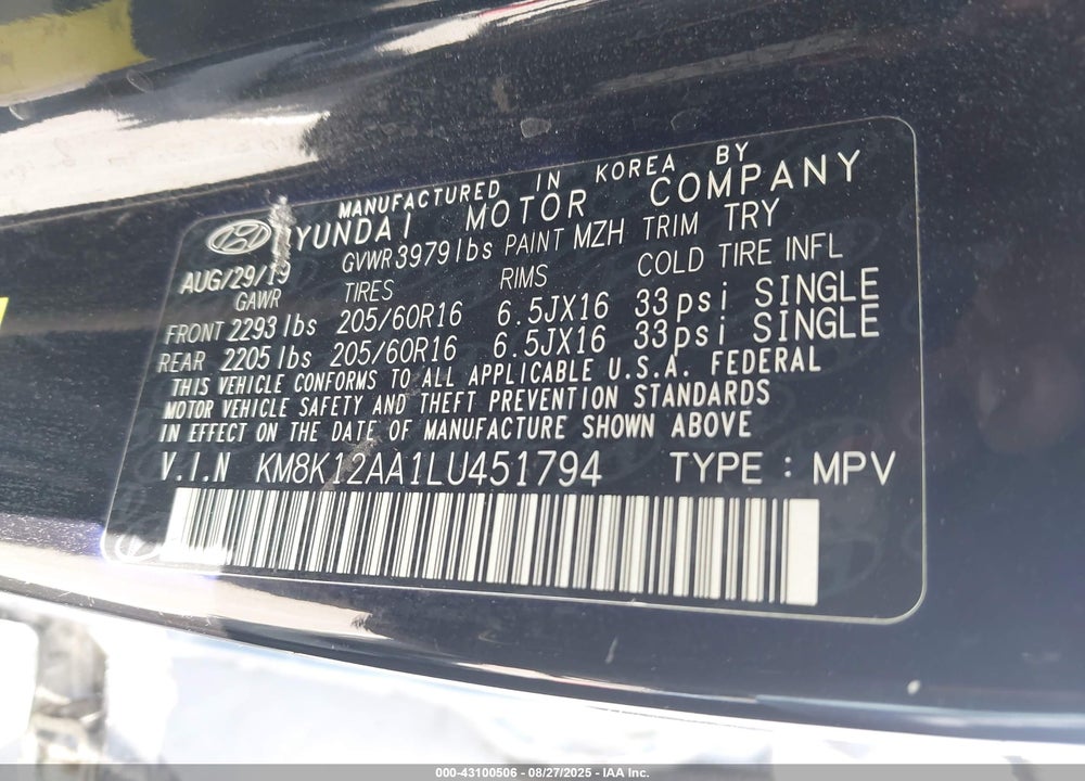2020 HYUNDAI KONA VIN: KM8K12AA1LU451794