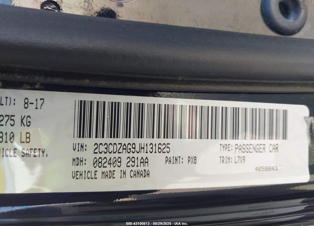2018 DODGE CHALLENGER VIN: 2C3CDZAG9JH131625