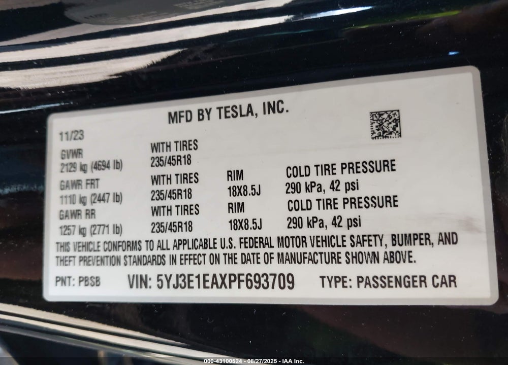 2023 TESLA MODEL 3 VIN: 5YJ3E1EAXPF693709