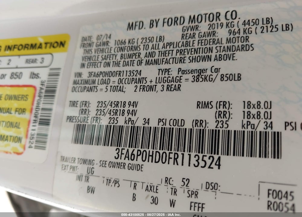 2015 FORD FUSION SE VIN: 3FA6P0HD0FR113524