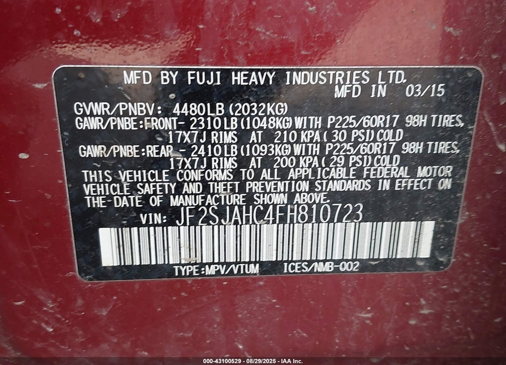 2015 SUBARU FORESTER VIN: JF2SJAHC4FH810723