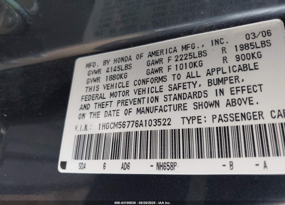 2006 HONDA ACCORD 2.4 EX VIN: 1HGCM56776A103522