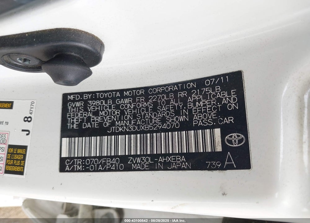 2011 TOYOTA PRIUS VIN: JTDKN3DUXB5294070