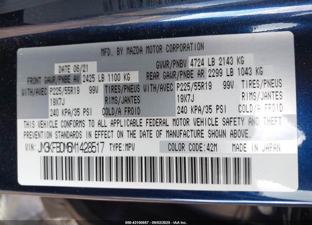 2021 MAZDA CX-5 VIN: JM3KFBDM6M1428517