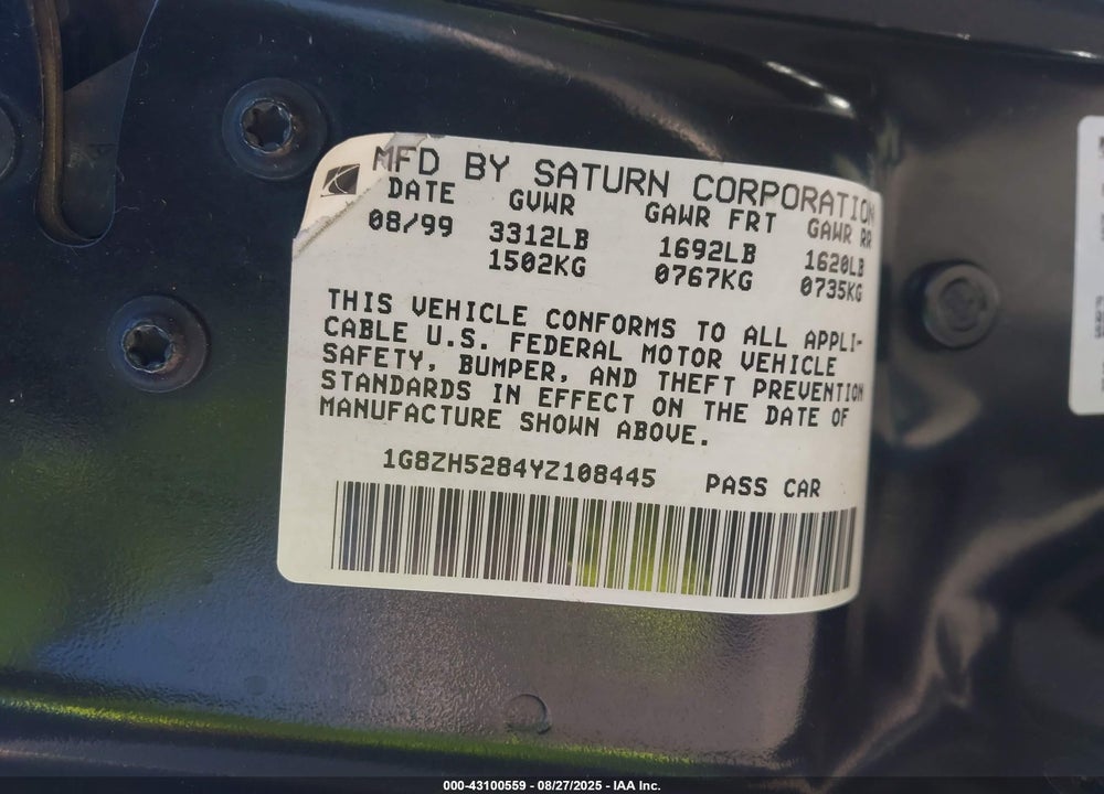 2000 SATURN SL1 VIN: 1G8ZH5284YZ108445