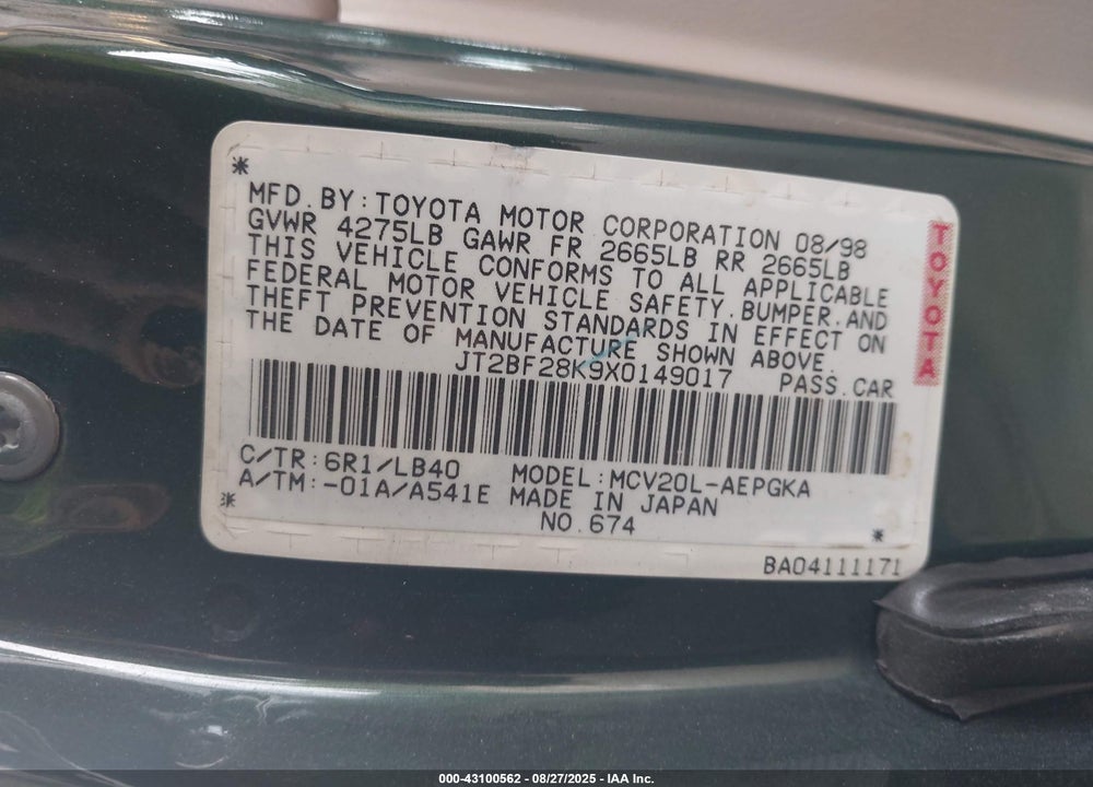 1999 TOYOTA CAMRY XLE V6 VIN: JT2BF28K9X0149017