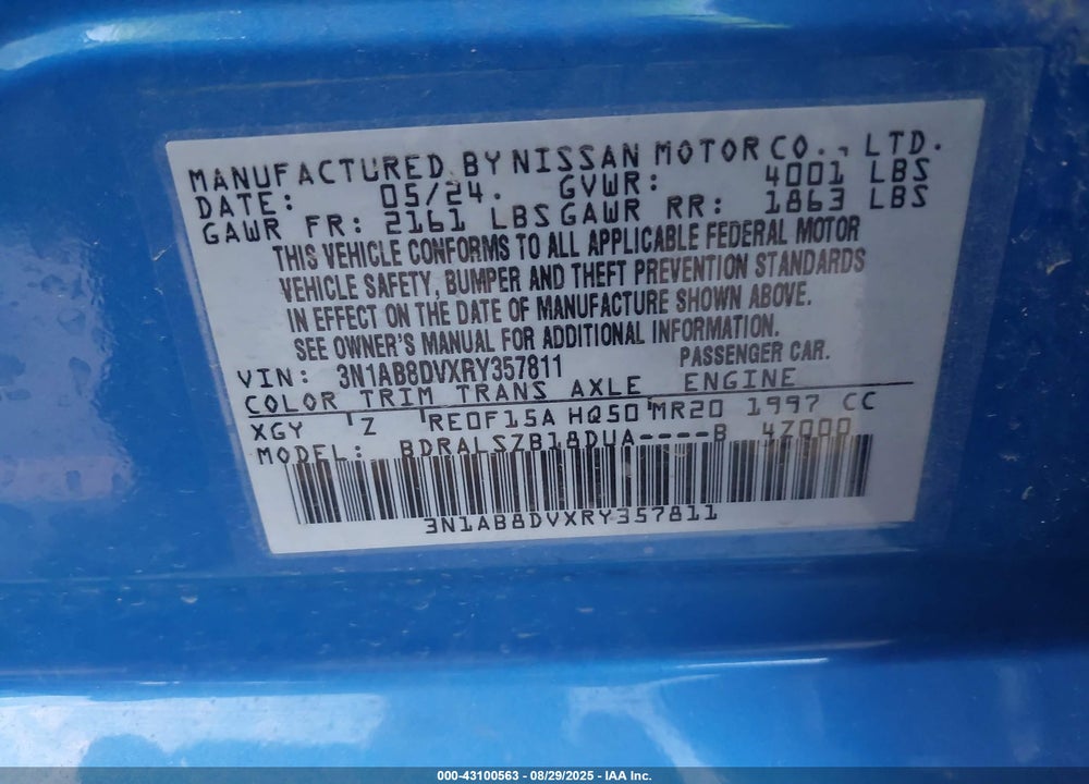2024 NISSAN SENTRA VIN: 3N1AB8DVXRY357811