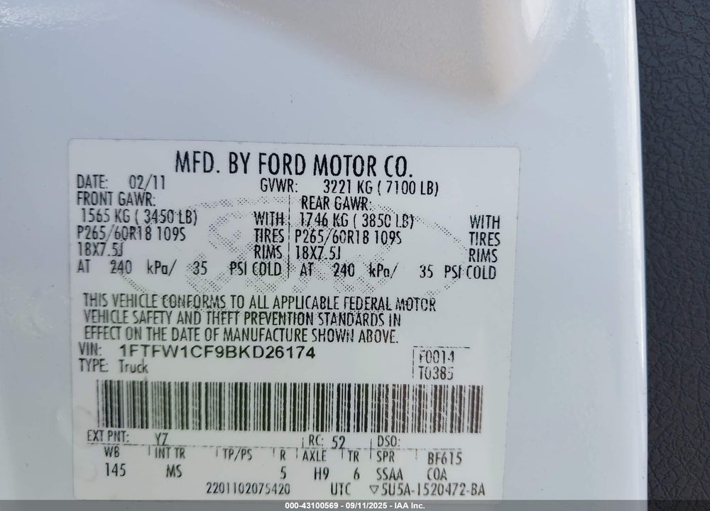 2011 FORD F-150 VIN: 1FTFW1CF9BKD26174