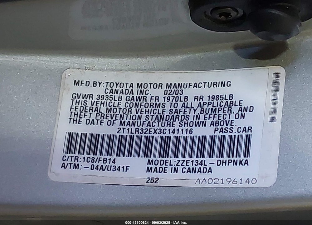 2003 TOYOTA MATRIX/XR VIN: 2T1LR32EX3C141116