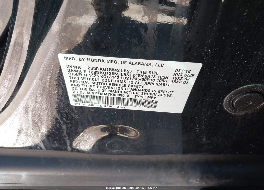2019 HONDA PILOT VIN: 5FNYF6H47KB009018