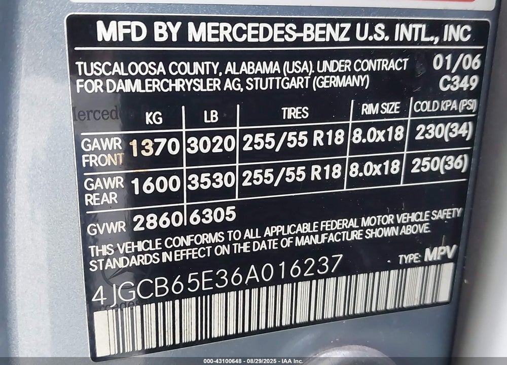 2006 MERCEDES-BENZ R 350 4MATIC VIN: 4JGCB65E36A016237