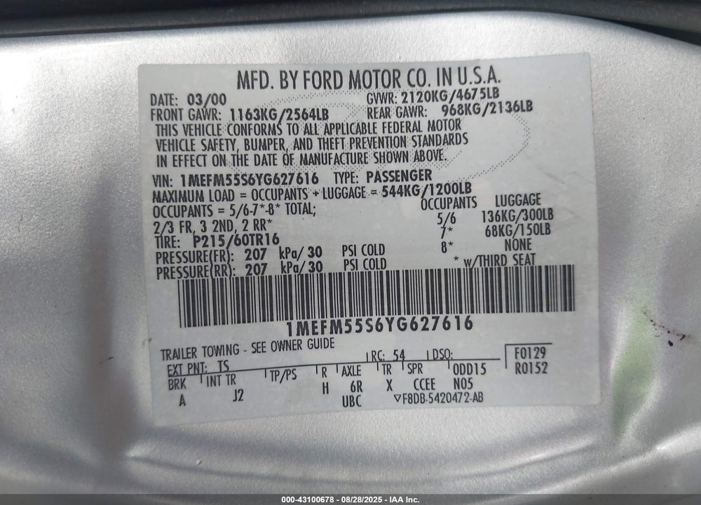 2000 MERCURY SABLE LS PREMIUM VIN: 1MEFM55S6YG627616