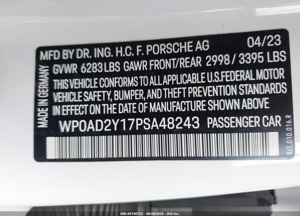 2023 PORSCHE TAYCAN VIN: WP0AD2Y17PSA48243
