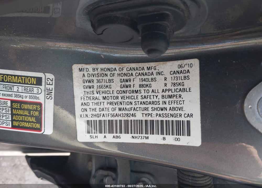 2010 HONDA CIVIC VIN: 2HGFA1F56AH328246