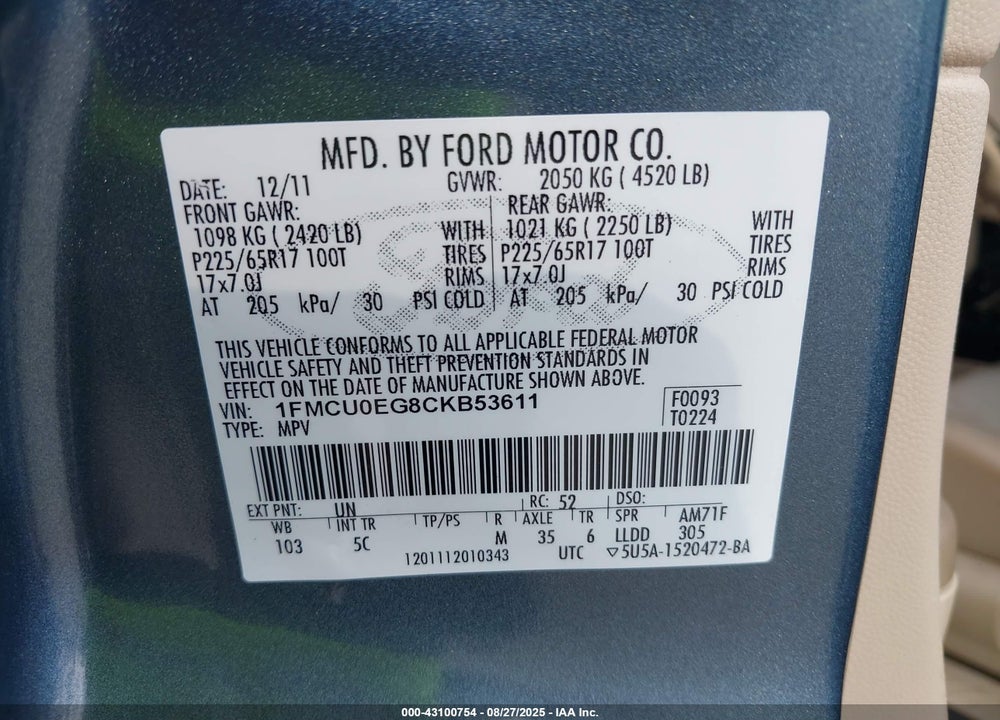 2012 FORD ESCAPE VIN: 1FMCU0EG8CKB53611