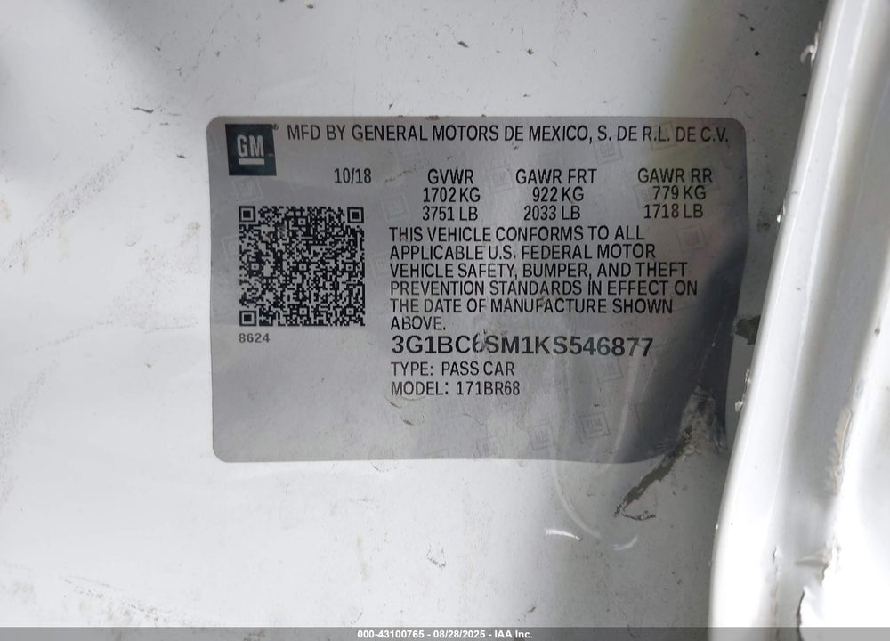 2019 CHEVROLET CRUZE VIN: 3G1BC6SM1KS546877