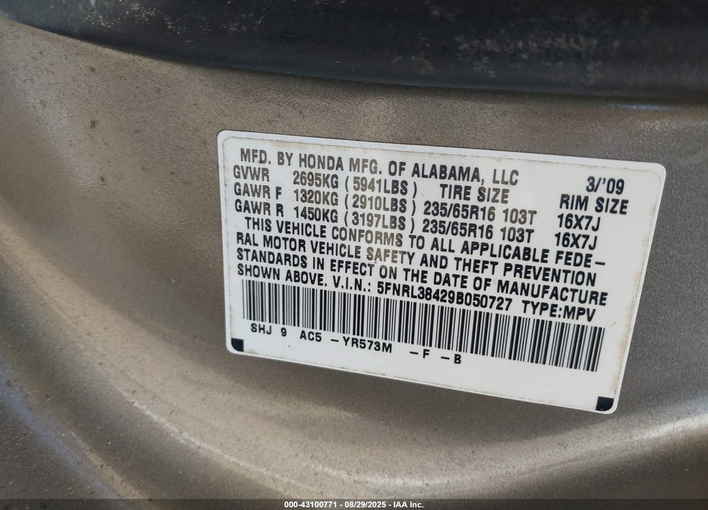 2009 HONDA ODYSSEY VIN: 5FNRL38429B050727