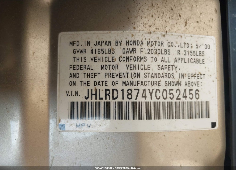 2000 HONDA CR-V SPECIAL EDITION VIN: JHLRD1874YC052456