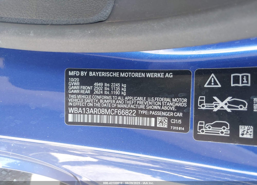 2021 BMW M440I XDRIVE VIN: WBA13AR08MCF66822