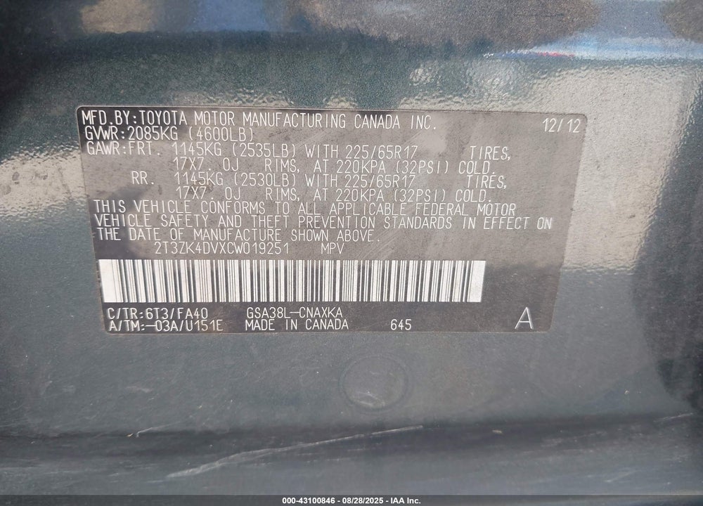 2012 TOYOTA RAV4 VIN: 2T3ZK4DVXCW019251