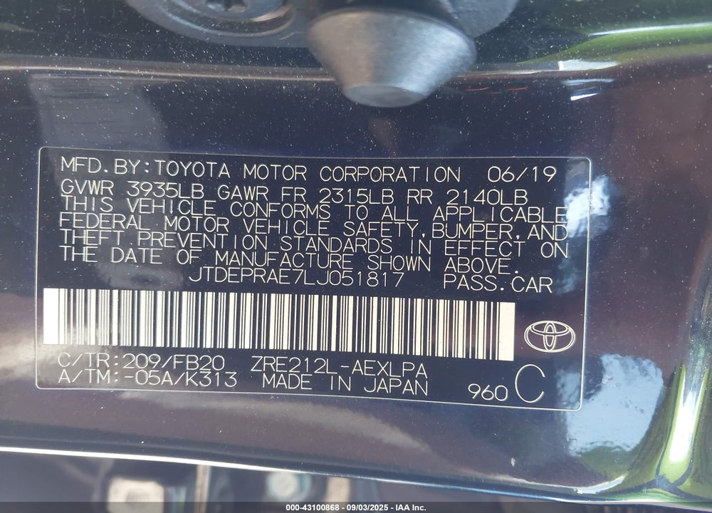 2020 TOYOTA COROLLA LE VIN: JTDEPRAE7LJ051817